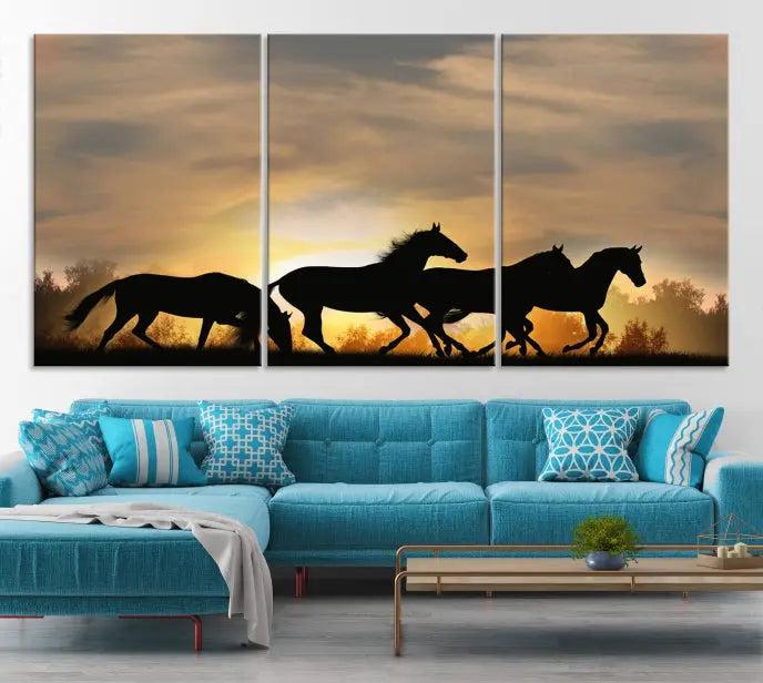 The "Wild Horses Riding Wall Art Canvas Print" features galloping horses at sunset, crafted on museum-quality canvases and finished with a satin varnish for an exquisite touch.