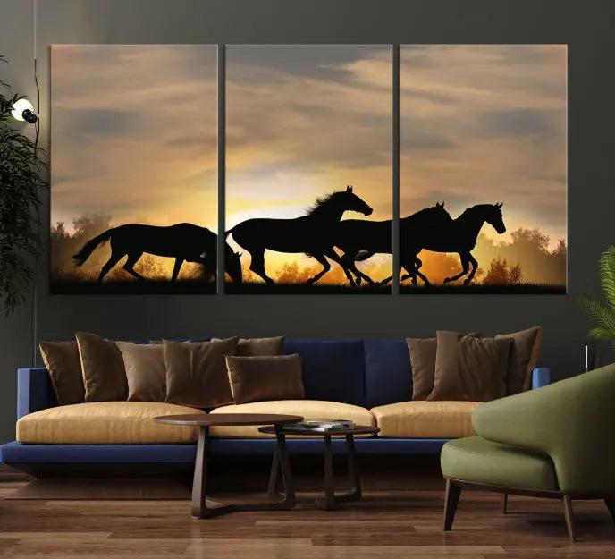 The "Wild Horses Riding Wall Art Canvas Print" features galloping horses at sunset, crafted on museum-quality canvases and finished with a satin varnish for an exquisite touch.