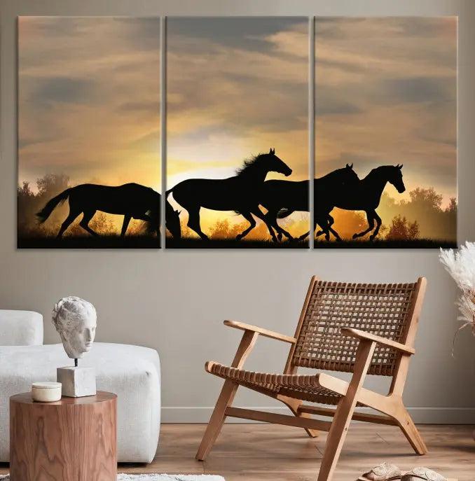 The "Wild Horses Riding Wall Art Canvas Print" features galloping horses at sunset, crafted on museum-quality canvases and finished with a satin varnish for an exquisite touch.