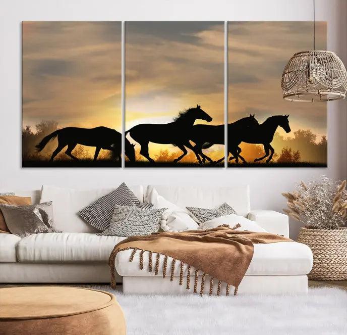 The "Wild Horses Riding Wall Art Canvas Print" features galloping horses at sunset, crafted on museum-quality canvases and finished with a satin varnish for an exquisite touch.