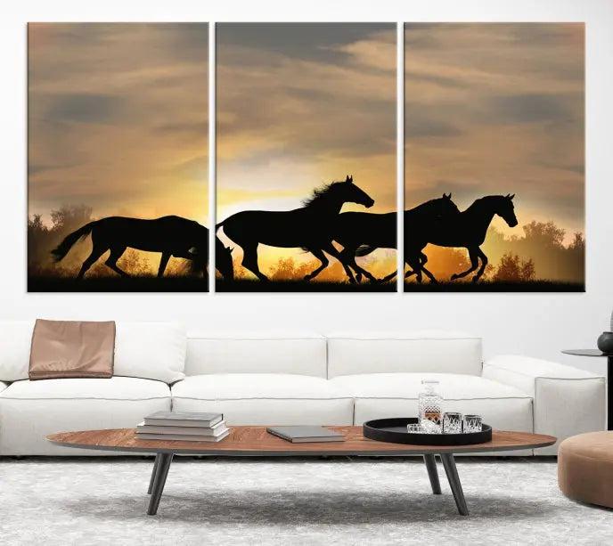 The "Wild Horses Riding Wall Art Canvas Print" features galloping horses at sunset, crafted on museum-quality canvases and finished with a satin varnish for an exquisite touch.