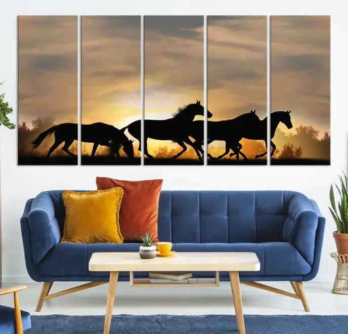 The "Wild Horses Riding Wall Art Canvas Print" features galloping horses at sunset, crafted on museum-quality canvases and finished with a satin varnish for an exquisite touch.