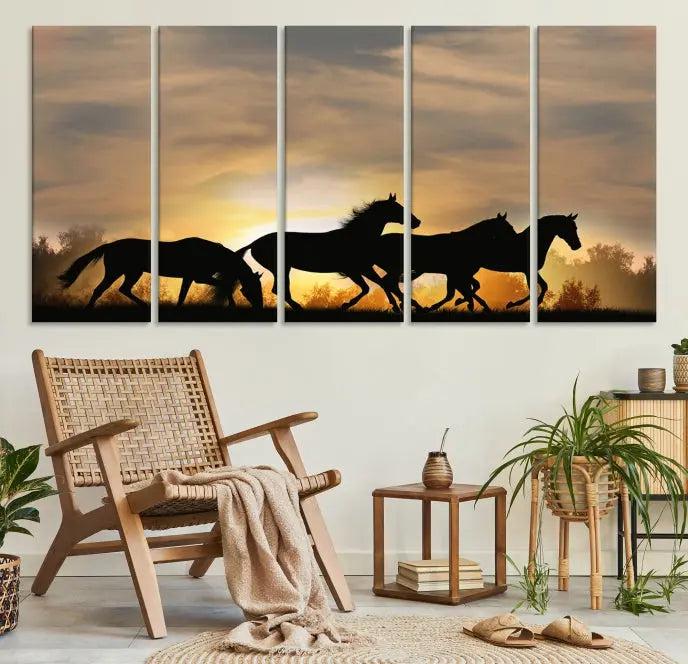 The "Wild Horses Riding Wall Art Canvas Print" features galloping horses at sunset, crafted on museum-quality canvases and finished with a satin varnish for an exquisite touch.