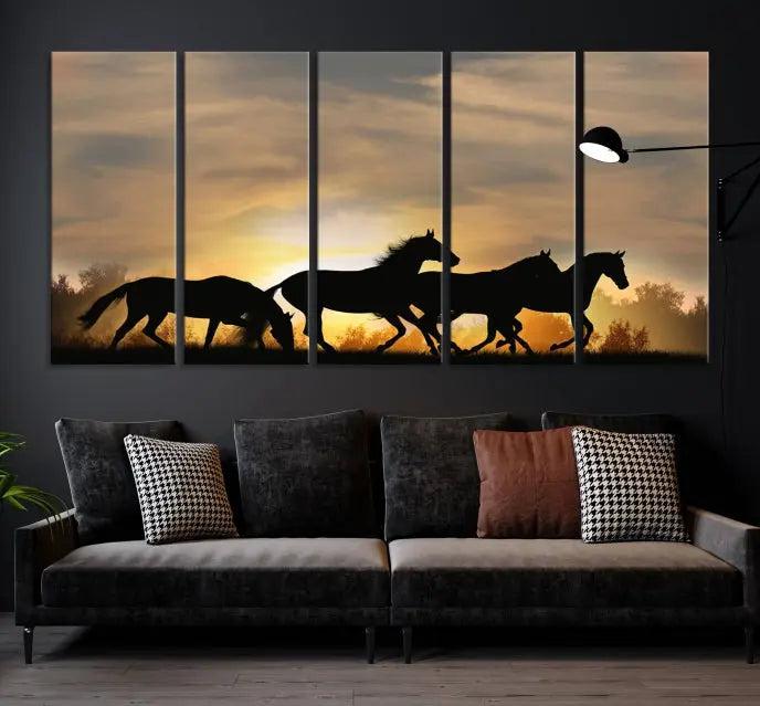 The "Wild Horses Riding Wall Art Canvas Print" features galloping horses at sunset, crafted on museum-quality canvases and finished with a satin varnish for an exquisite touch.