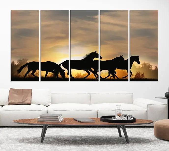 The "Wild Horses Riding Wall Art Canvas Print" features galloping horses at sunset, crafted on museum-quality canvases and finished with a satin varnish for an exquisite touch.