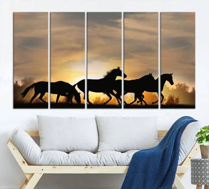 The "Wild Horses Riding Wall Art Canvas Print" features galloping horses at sunset, crafted on museum-quality canvases and finished with a satin varnish for an exquisite touch.