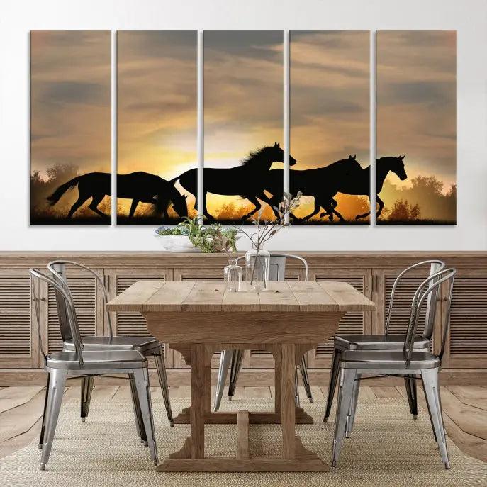 The "Wild Horses Riding Wall Art Canvas Print" features galloping horses at sunset, crafted on museum-quality canvases and finished with a satin varnish for an exquisite touch.