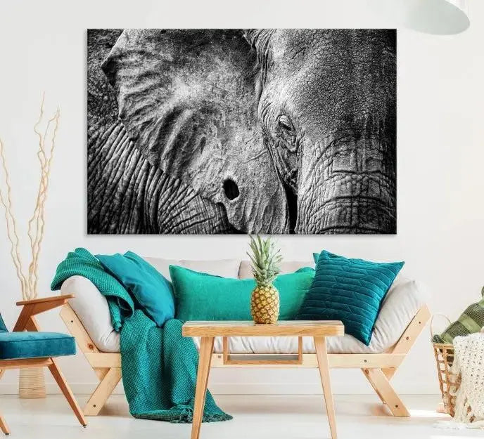 The striking Wild Old Elephant Wall Art Canvas Print on museum-quality canvas adorns the room.