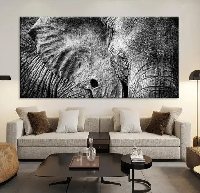 The striking Wild Old Elephant Wall Art Canvas Print on museum-quality canvas adorns the room.