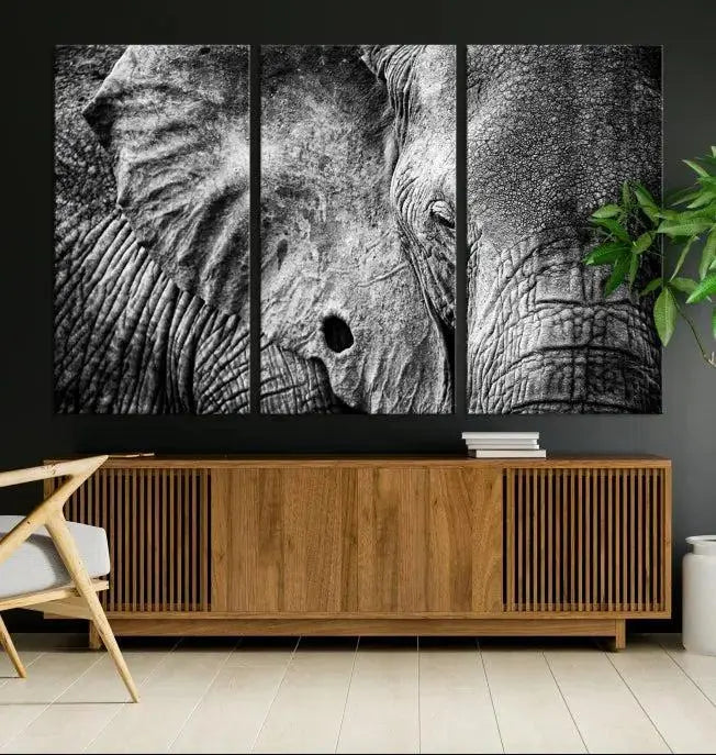 The striking Wild Old Elephant Wall Art Canvas Print on museum-quality canvas adorns the room.