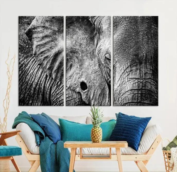 The striking Wild Old Elephant Wall Art Canvas Print on museum-quality canvas adorns the room.