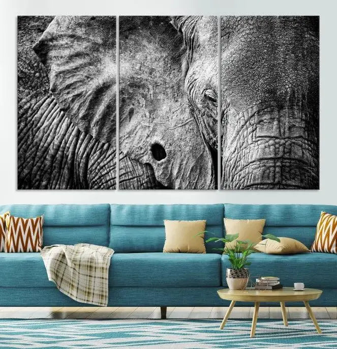 The striking Wild Old Elephant Wall Art Canvas Print on museum-quality canvas adorns the room.