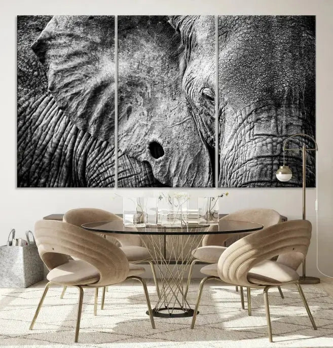 The striking Wild Old Elephant Wall Art Canvas Print on museum-quality canvas adorns the room.