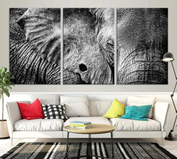 The striking Wild Old Elephant Wall Art Canvas Print on museum-quality canvas adorns the room.