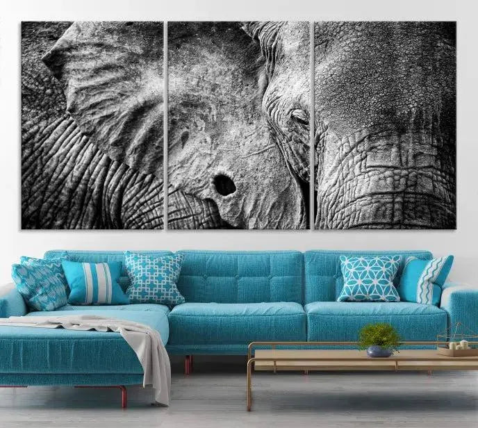 The striking Wild Old Elephant Wall Art Canvas Print on museum-quality canvas adorns the room.