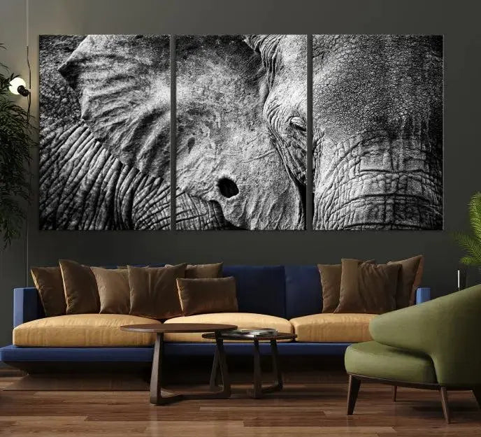 The striking Wild Old Elephant Wall Art Canvas Print on museum-quality canvas adorns the room.