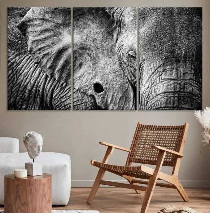 The striking Wild Old Elephant Wall Art Canvas Print on museum-quality canvas adorns the room.