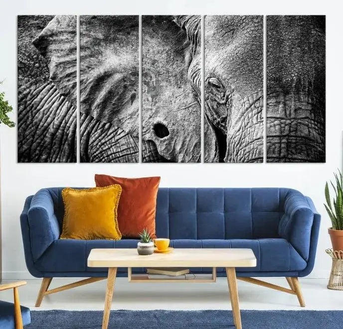 The striking Wild Old Elephant Wall Art Canvas Print on museum-quality canvas adorns the room.