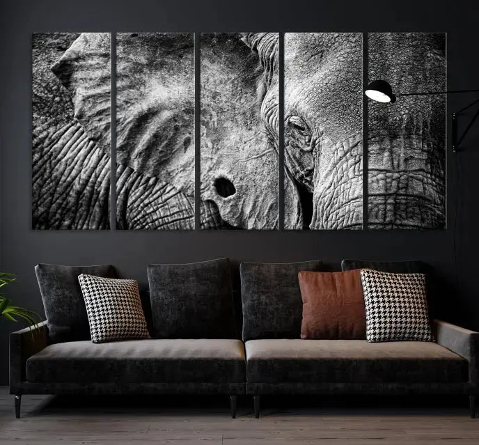 The striking Wild Old Elephant Wall Art Canvas Print on museum-quality canvas adorns the room.