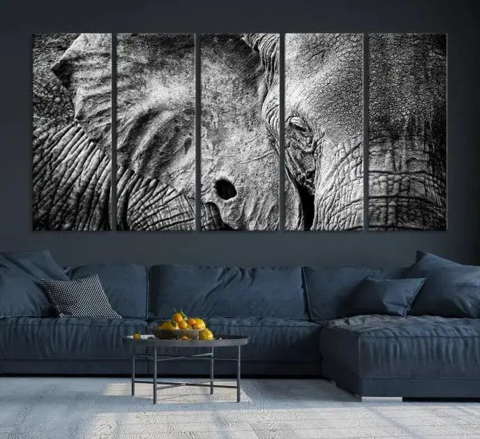 The striking Wild Old Elephant Wall Art Canvas Print on museum-quality canvas adorns the room.