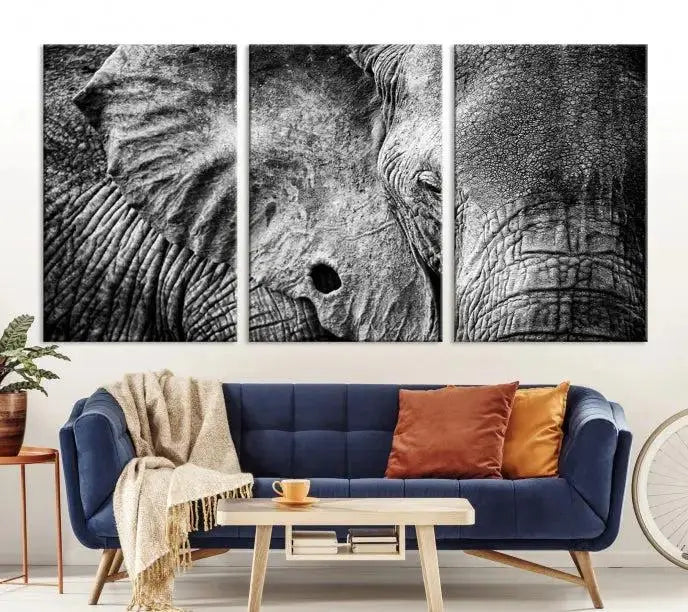 The striking Wild Old Elephant Wall Art Canvas Print on museum-quality canvas adorns the room.