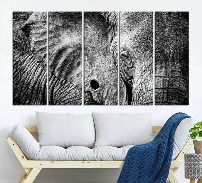 The striking Wild Old Elephant Wall Art Canvas Print on museum-quality canvas adorns the room.