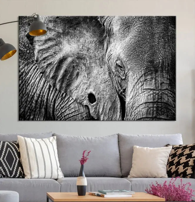 The striking Wild Old Elephant Wall Art Canvas Print on museum-quality canvas adorns the room.