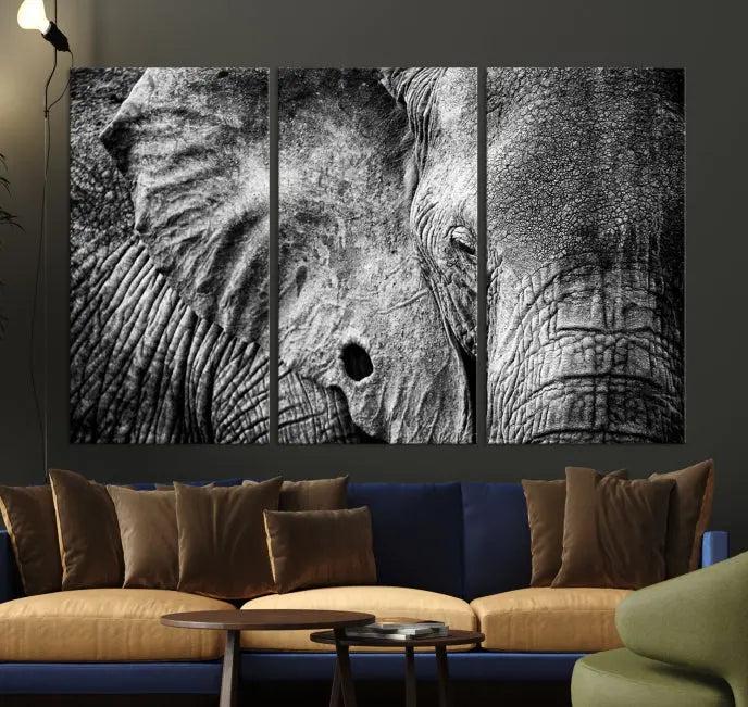 The striking Wild Old Elephant Wall Art Canvas Print on museum-quality canvas adorns the room.