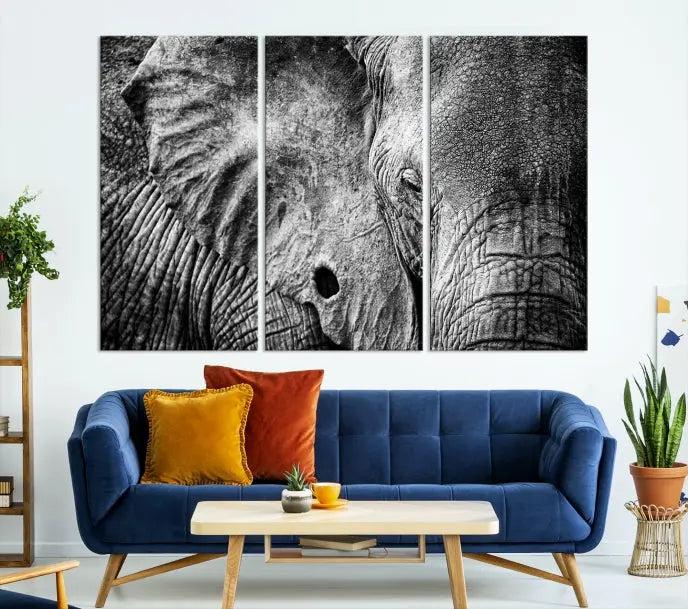 The striking Wild Old Elephant Wall Art Canvas Print on museum-quality canvas adorns the room.