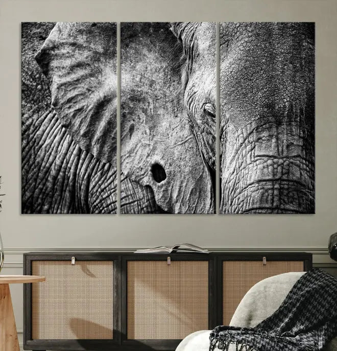 The striking Wild Old Elephant Wall Art Canvas Print on museum-quality canvas adorns the room.