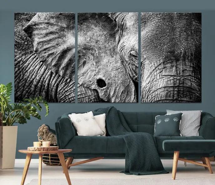 The striking Wild Old Elephant Wall Art Canvas Print on museum-quality canvas adorns the room.