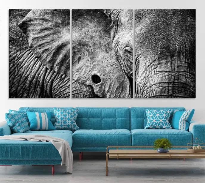 The striking Wild Old Elephant Wall Art Canvas Print on museum-quality canvas adorns the room.