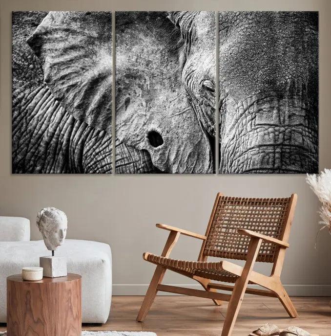 The striking Wild Old Elephant Wall Art Canvas Print on museum-quality canvas adorns the room.