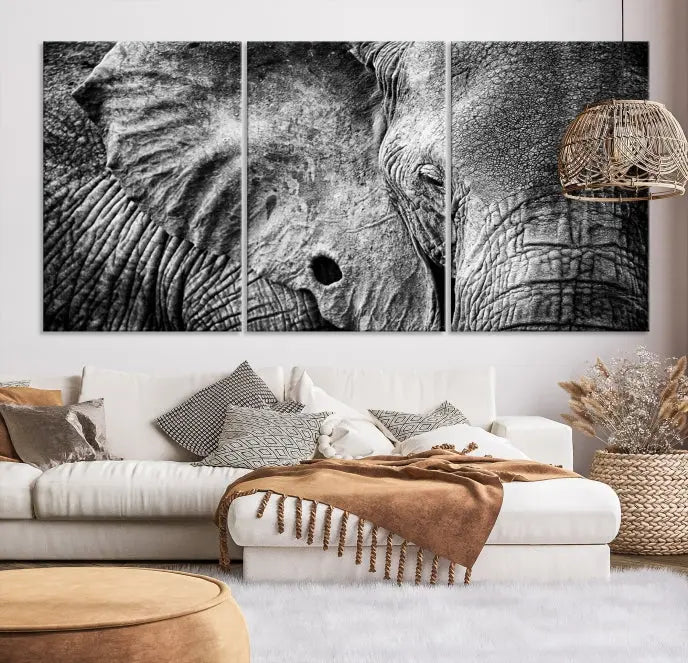 The striking Wild Old Elephant Wall Art Canvas Print on museum-quality canvas adorns the room.