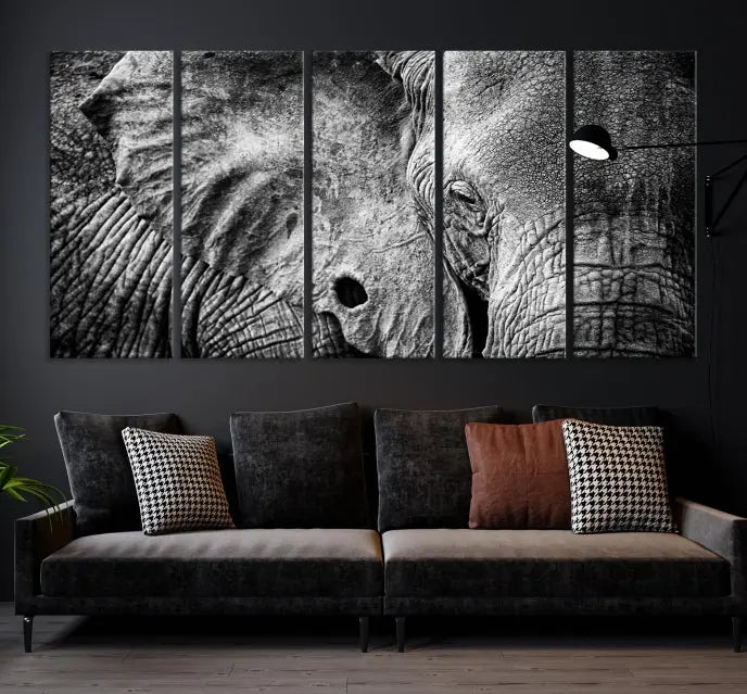 The striking Wild Old Elephant Wall Art Canvas Print on museum-quality canvas adorns the room.