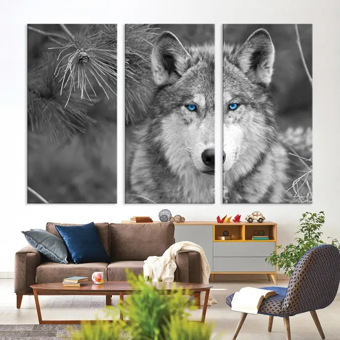 Displayed on the wall is the Wild Wolf Blue Eye Wall Art Canvas Print, a museum-quality triptych featuring a wolf with piercing blue eyes.