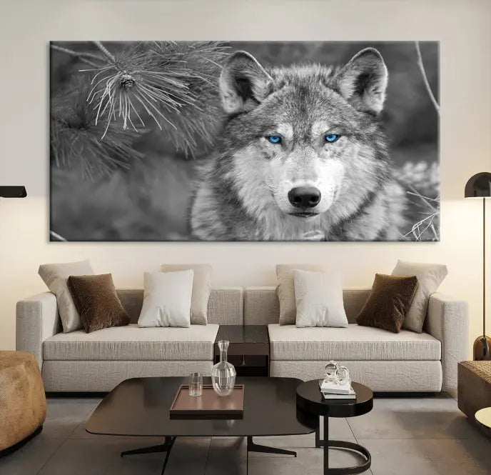 Displayed on the wall is the Wild Wolf Blue Eye Wall Art Canvas Print, a museum-quality triptych featuring a wolf with piercing blue eyes.