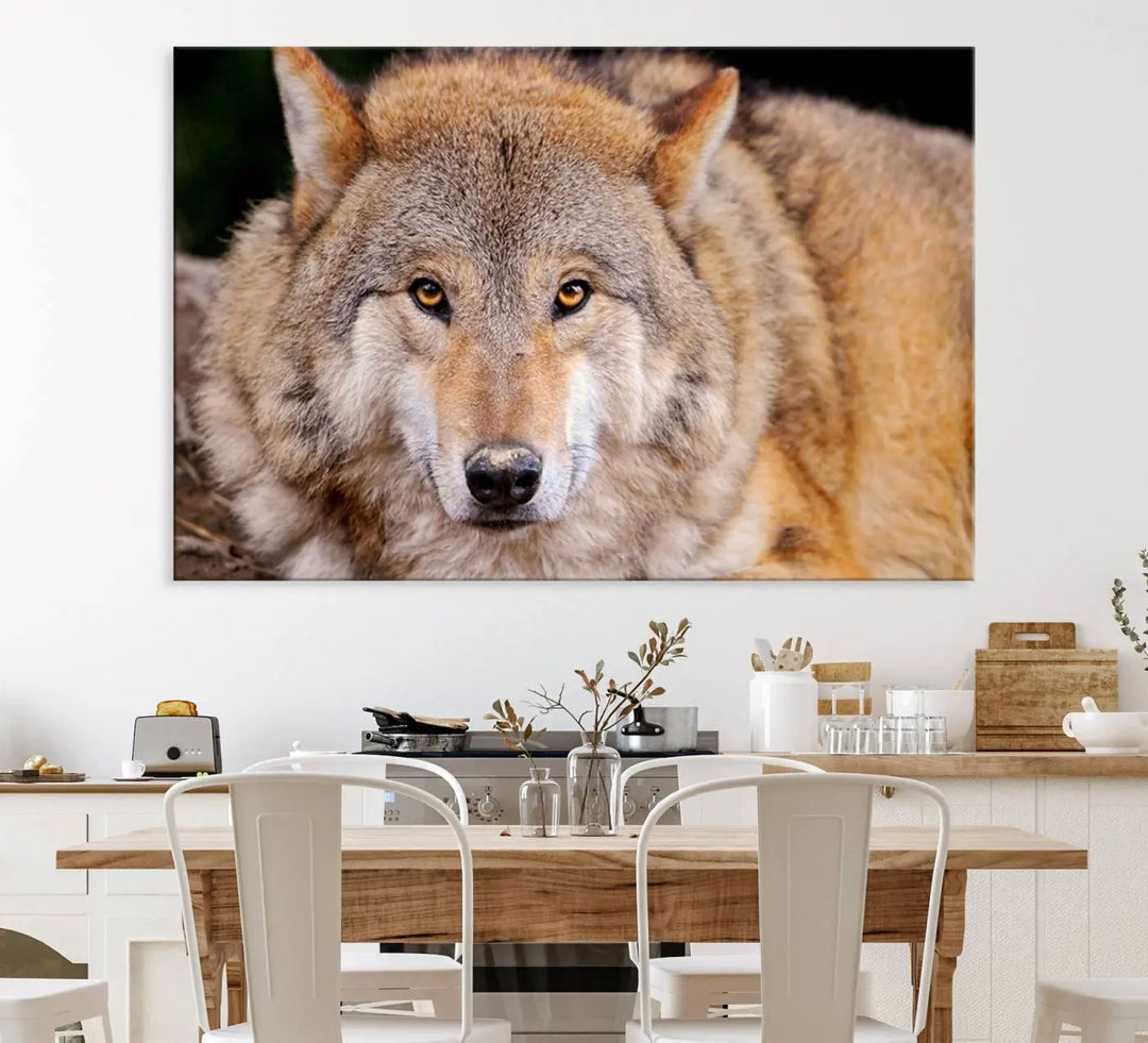 A Wild Wolf Wall Art Canvas Print adorns the wall.