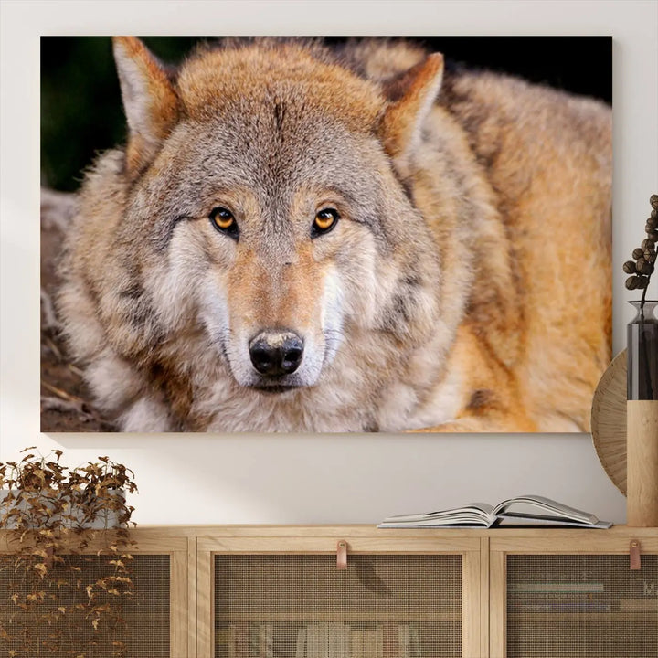 A Wild Wolf Wall Art Canvas Print adorns the wall.