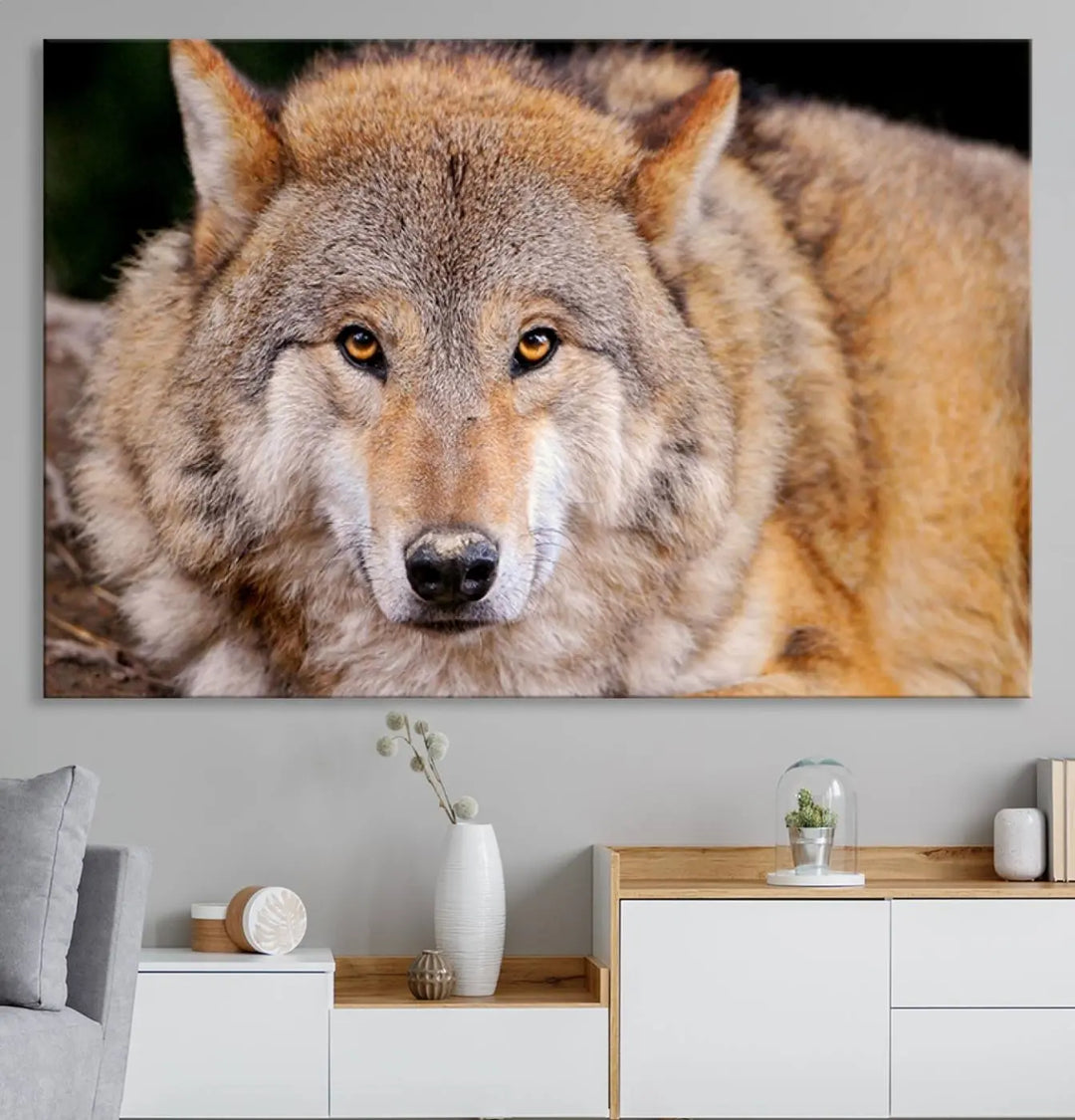 A Wild Wolf Wall Art Canvas Print adorns the wall.