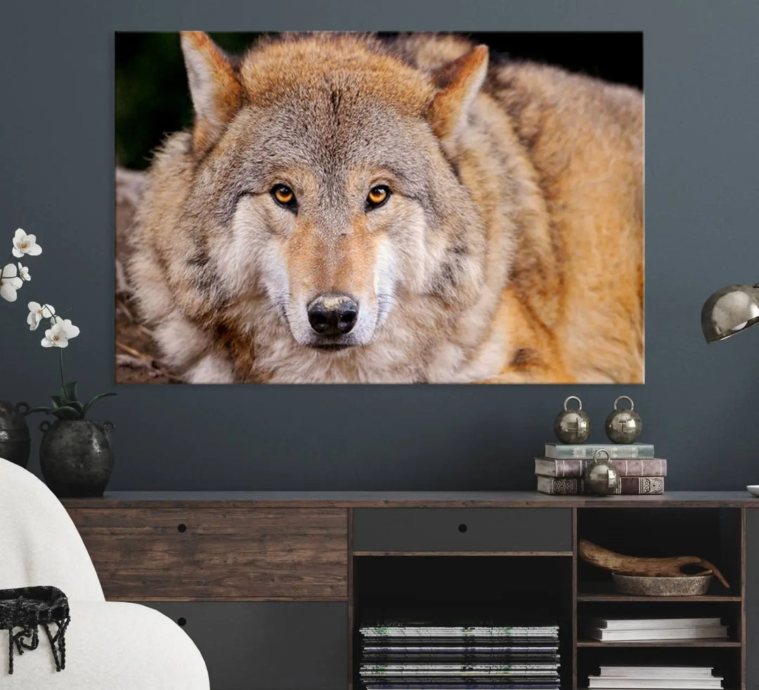 A Wild Wolf Wall Art Canvas Print adorns the wall.