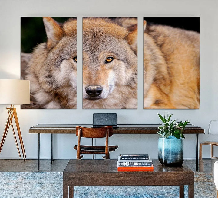 A Wild Wolf Wall Art Canvas Print adorns the wall.