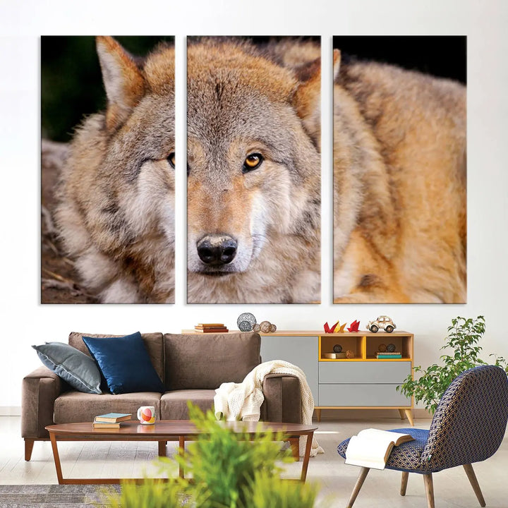 A Wild Wolf Wall Art Canvas Print adorns the wall.