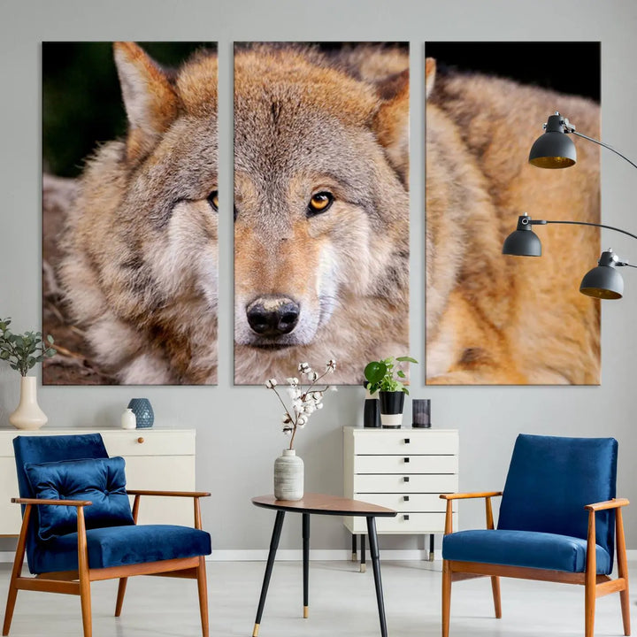 A Wild Wolf Wall Art Canvas Print adorns the wall.