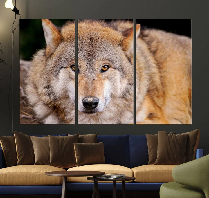 A Wild Wolf Wall Art Canvas Print adorns the wall.