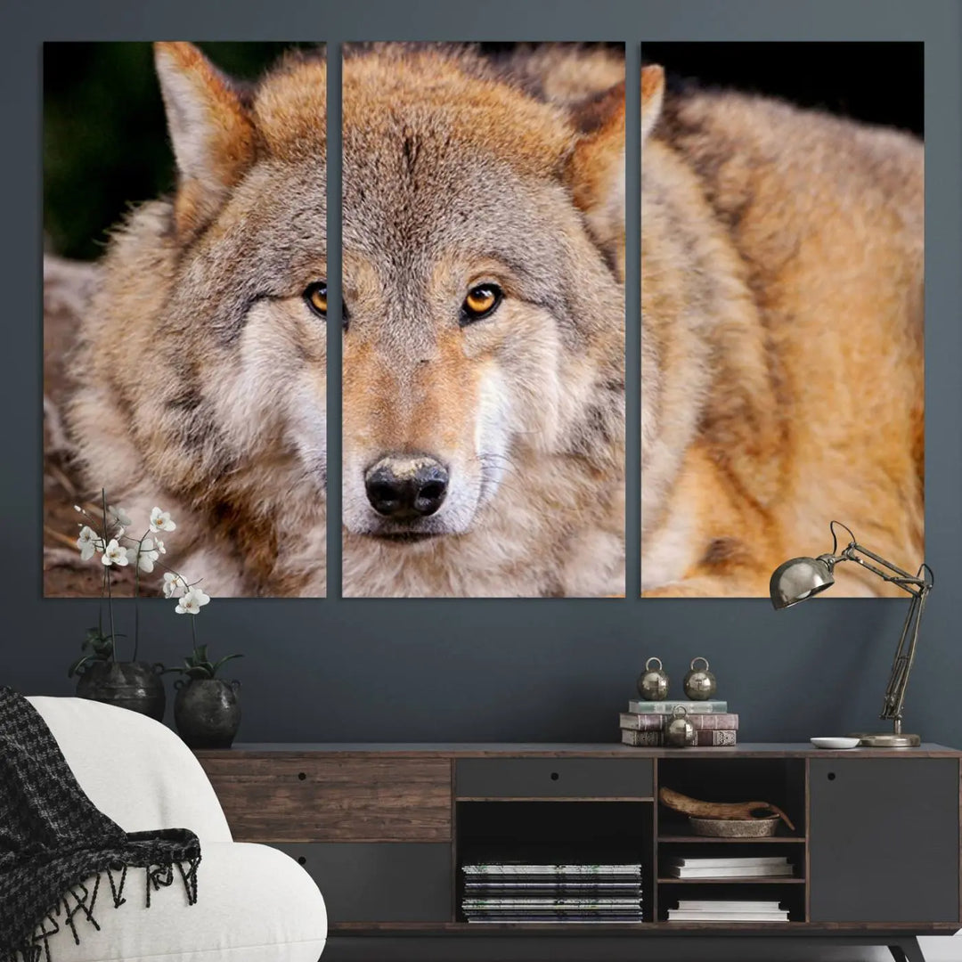 A Wild Wolf Wall Art Canvas Print adorns the wall.