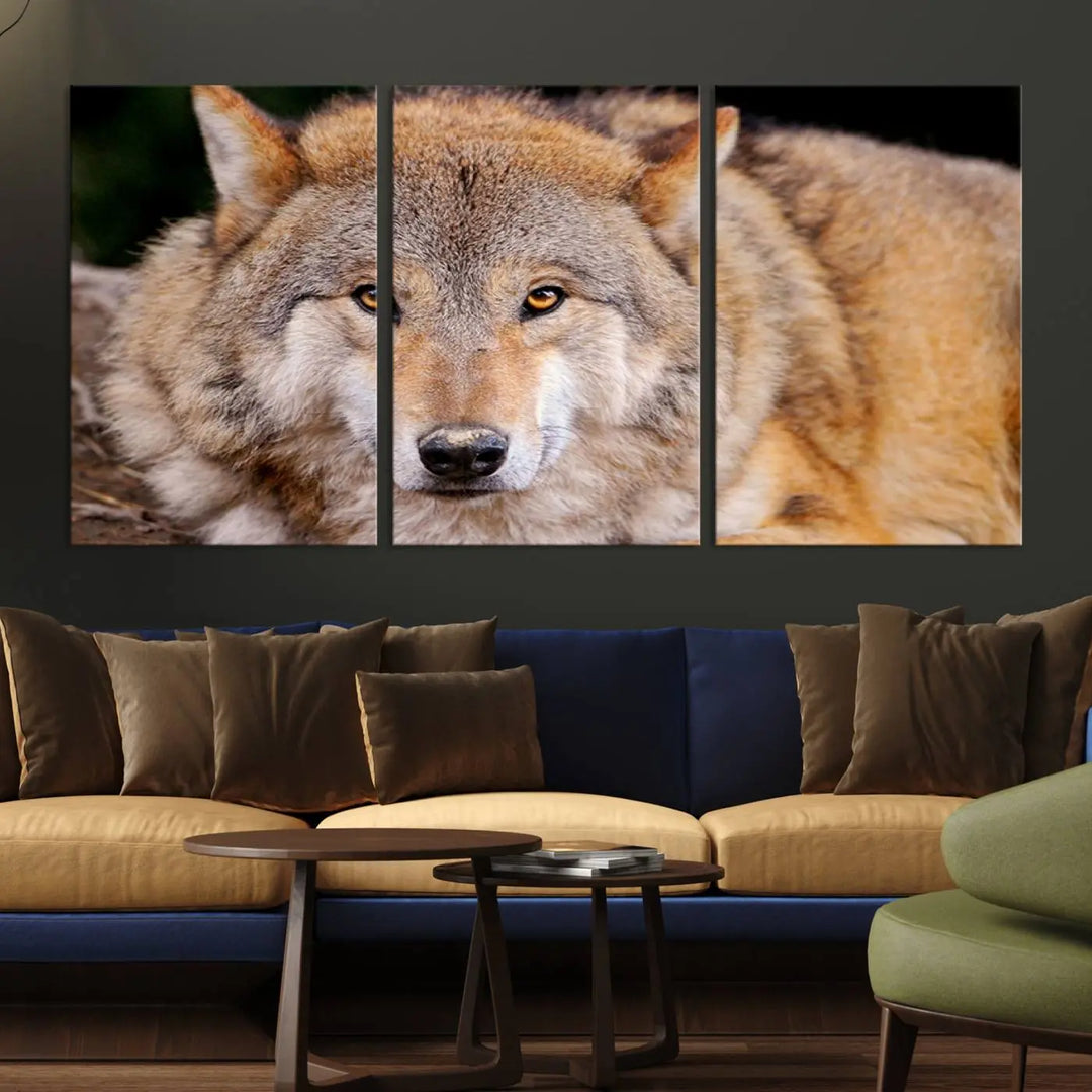 A Wild Wolf Wall Art Canvas Print adorns the wall.