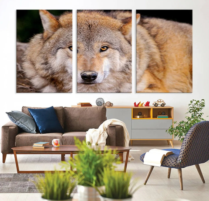 A Wild Wolf Wall Art Canvas Print adorns the wall.