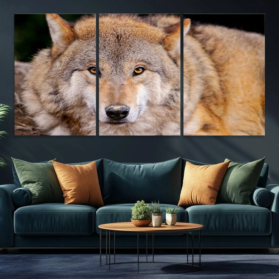 A Wild Wolf Wall Art Canvas Print adorns the wall.