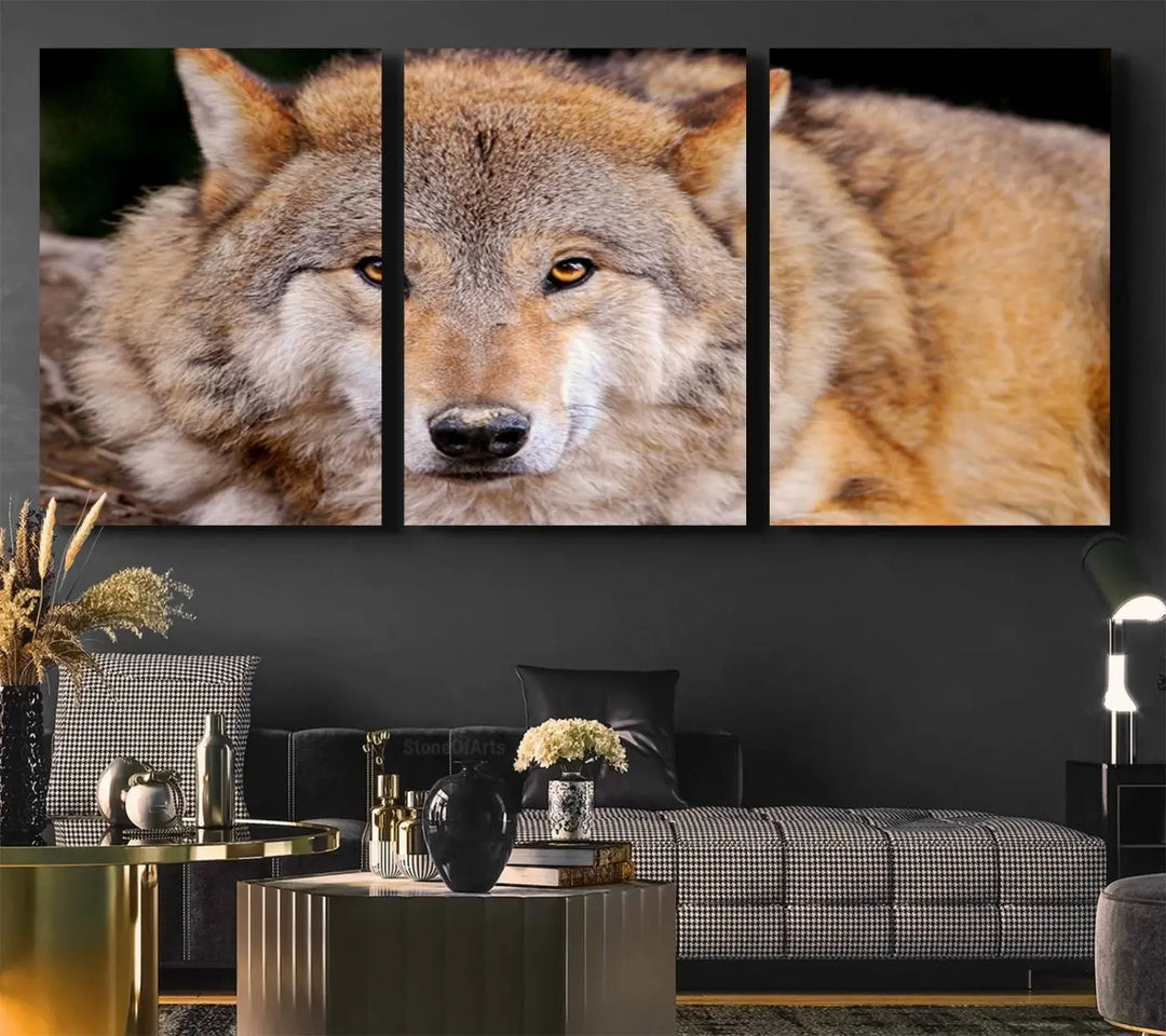 A Wild Wolf Wall Art Canvas Print adorns the wall.